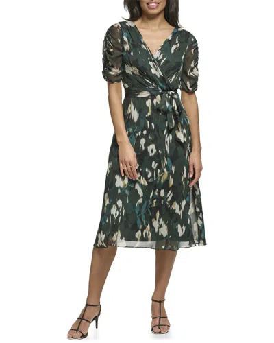 Dkny Ruched Sleeve Faux Wrap Dress In Green