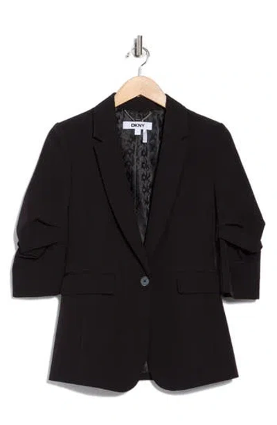 Dkny Ruched Sleeve One Button Blazer In Black