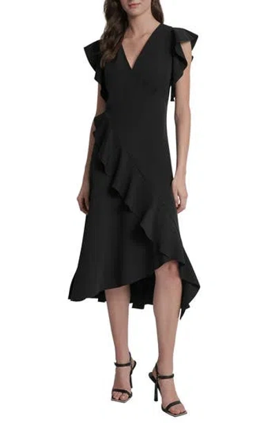 Dkny Ruffle Cap Sleeve Faux Wrap Midi Dress In Black