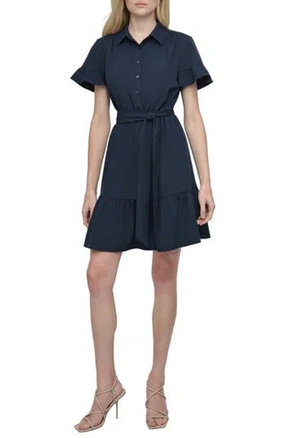 Dkny Ruffle Mini Shirtdress In Blue