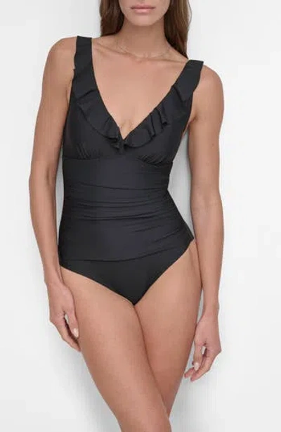 Dkny Ruffle Plunge Neck One-piece Swimsuit In Black