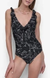 Dkny Ruffle Plunge Neck One-piece Swimsuit In Black