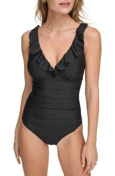 DKNY DKNY RUFFLE PLUNGE ONE-PIECE SWIMSUIT