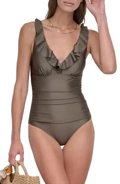 Dkny Ruffle Plunge One-piece Swimsuit In Brown