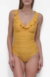 Dkny Ruffle Plunge One-piece Swimsuit In Honey