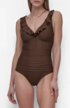 Dkny Ruffle Plunge One-piece Swimsuit In Mocha