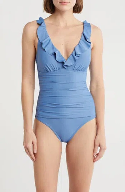 Dkny Ruffle Plunge One-piece Swimsuit In Purple