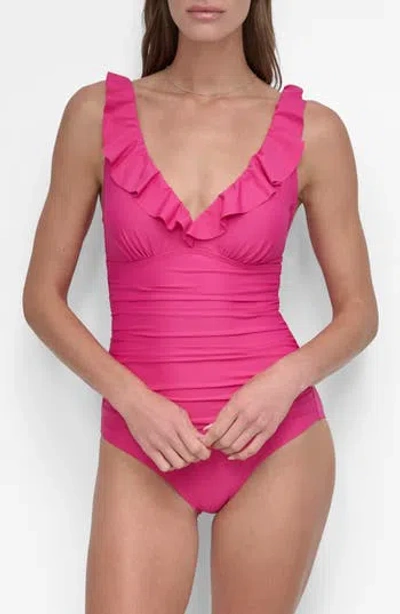 Dkny Ruffle Plunge One-piece Swimsuit In Pink