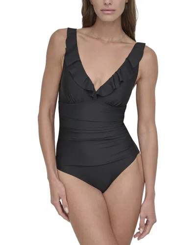 Dkny Ruffle Plunge Swimsuit In Black