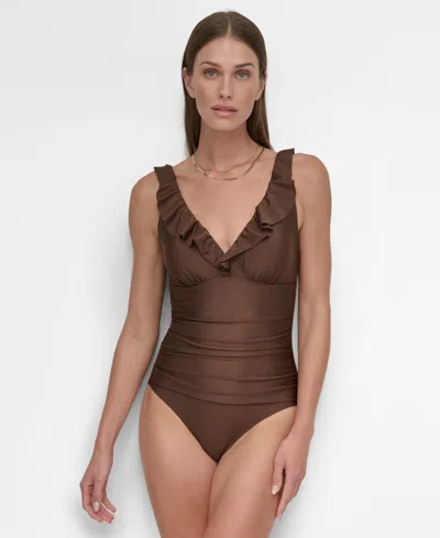 Dkny Ruffle Plunge Underwire Tummy Control One-piece Swimsuit, Created For Macy's
