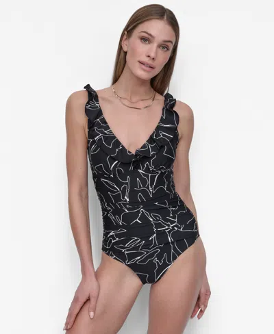 Dkny Ruffle Plunge Underwire Tummy Control One-piece Swimsuit, Created For Macy's In Jumbo Outlined Floral Black Combo