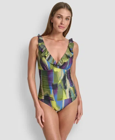 Dkny Ruffle Plunge Underwire Tummy Control One-piece Swimsuit, Created For Macy's In Multi