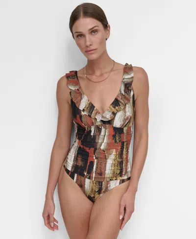 Dkny Ruffle Plunge Underwire Tummy Control One-piece Swimsuit, Created For Macy's In Paint Stroke (truffle,black Multi)
