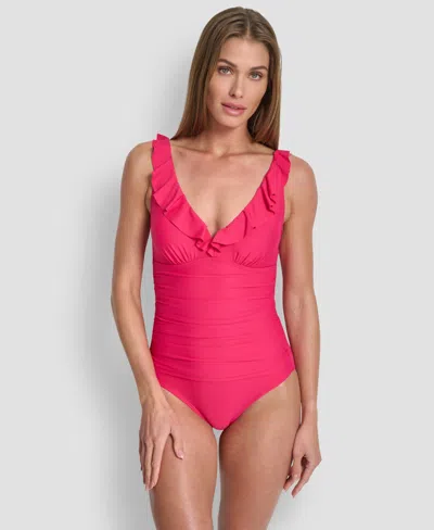 Dkny Ruffle Plunge Underwire Tummy Control One-piece Swimsuit, Created For Macy's In Pink