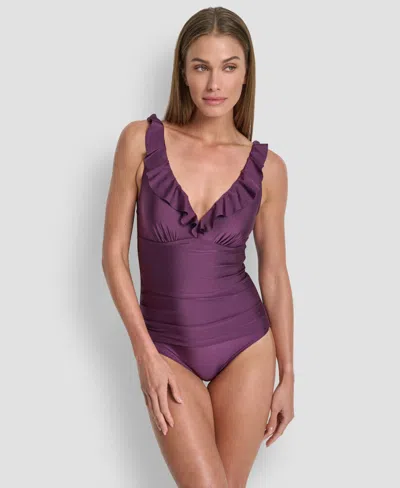 Dkny Ruffle Plunge Underwire Tummy Control One-piece Swimsuit, Created For Macy's In Purple