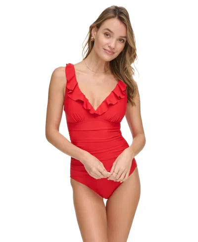 Dkny Ruffle Plunge Underwire Tummy Control One-piece Swimsuit, Created For Macy's In Real Red
