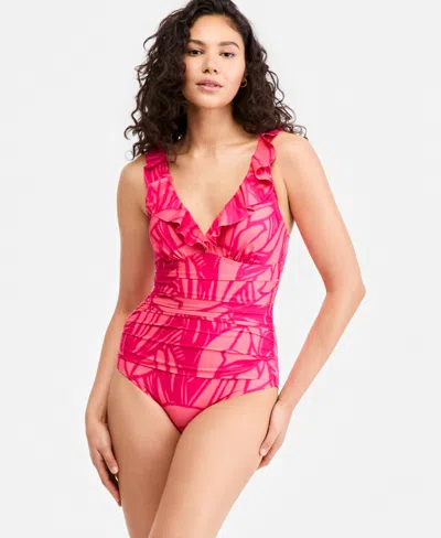 Dkny Ruffle Plunge Underwire Tummy Control One-piece Swimsuit, Created For Macy's In Pink