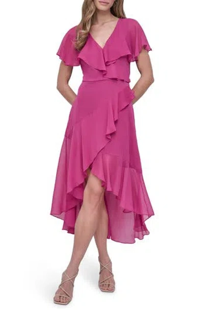 Dkny Ruffle Short Sleeve Faux Wrap Midi Dress In Pink