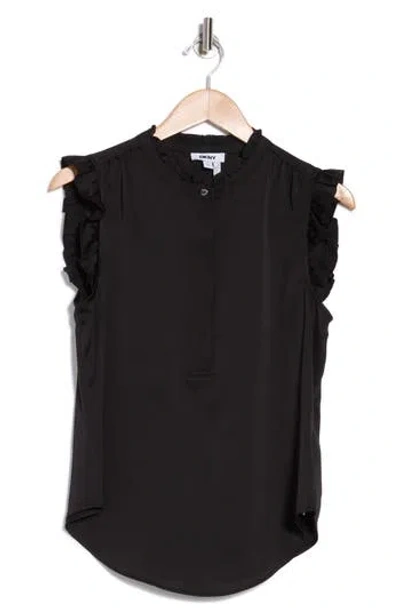 Dkny Ruffle Sleeve Covered Half Placket Satin Top In Black