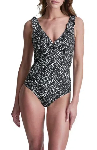 Dkny Ruffle V-neck One-piece Swimsuit In Black