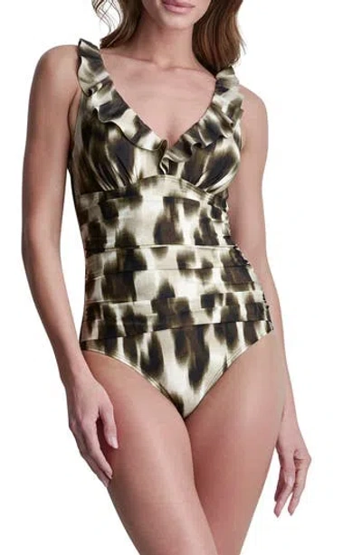 Dkny Ruffle V-neck One-piece Swimsuit In Animal Print