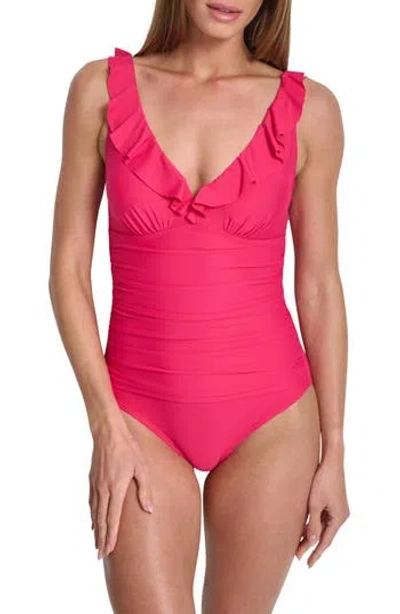 Dkny Ruffle V-neck One-piece Swimsuit In Pink