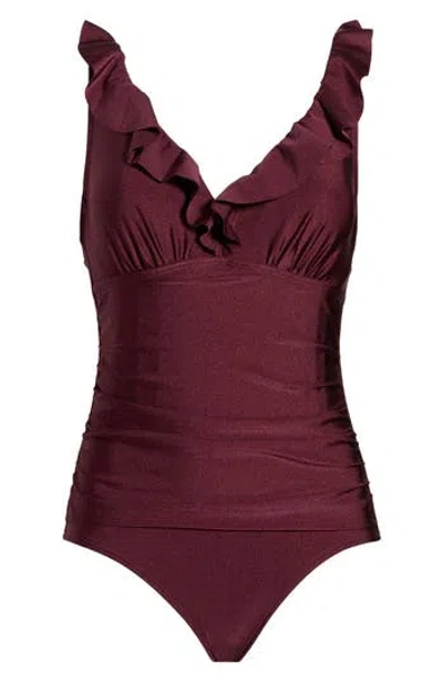 Dkny Ruffle V-neck One-piece Swimsuit In Burgundy