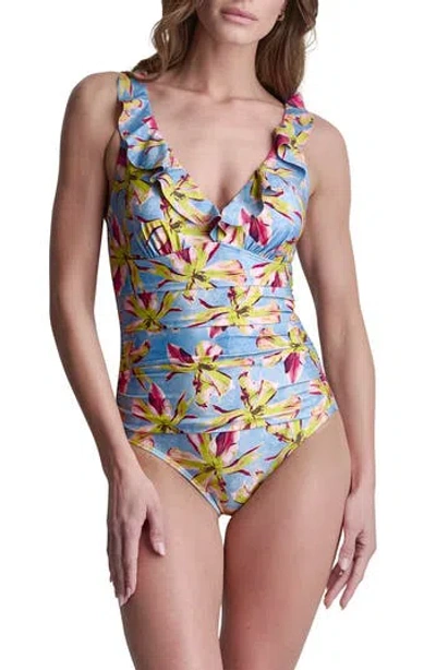 Dkny Ruffle V-neck One-piece Swimsuit In Blue