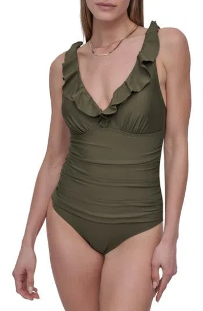 Dkny Ruffle V-neck One-piece Swimsuit In Green