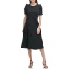 Dkny Women's Ruched-sleeve Belted Fit And Flare Midi Dress In Black
