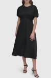 Dkny Scuba Knit & Satin Midi Dress In Black