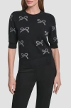 Dkny Sequin Bow Embellished Short Sleeve Cotton Blend Crewneck Sweater In Black