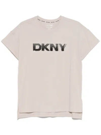 Dkny Sequin-logo T-shirt In Neutrals