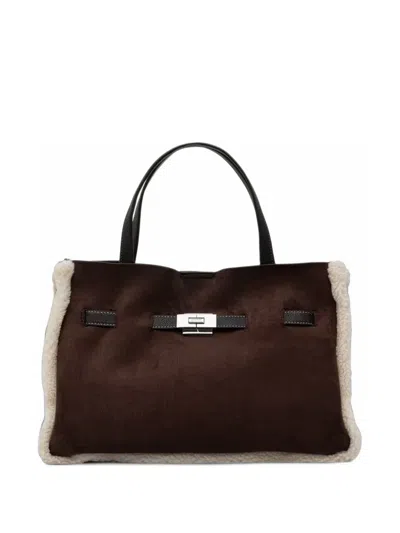 Dkny Shearling-trim Tote Bag In Brown
