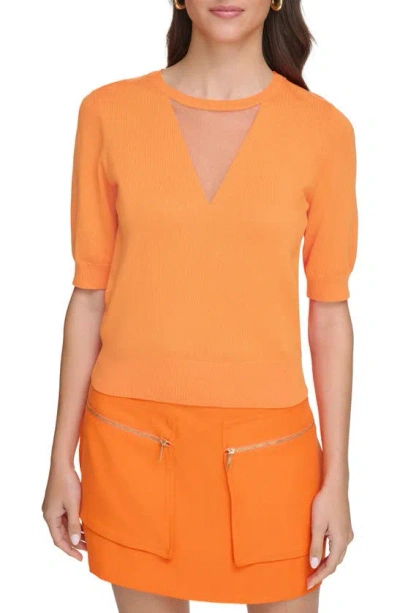 Dkny Sheer Mesh Illusion V-neck Jumper In Orange Blossom