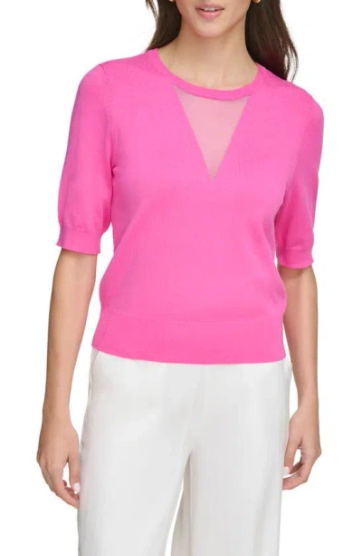 Dkny Sheer Mesh Illusion V-neck Sweater In Shocking Pink