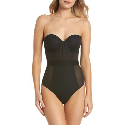 Dkny Sheers Strapless Underwire Bodysuit In Black