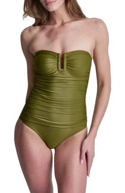 Dkny Shirred Bandeau One-piece Swimsuit In Green