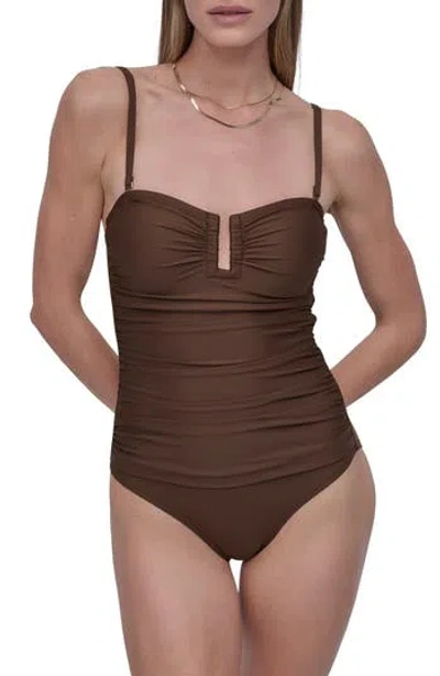 Dkny Shirred Bandeau One-piece Swimsuit In Brown