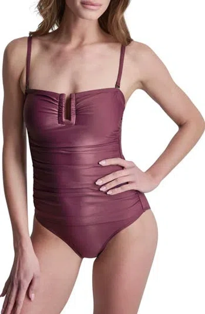 Dkny Shirred Bandeau One-piece Swimsuit In Cabernet