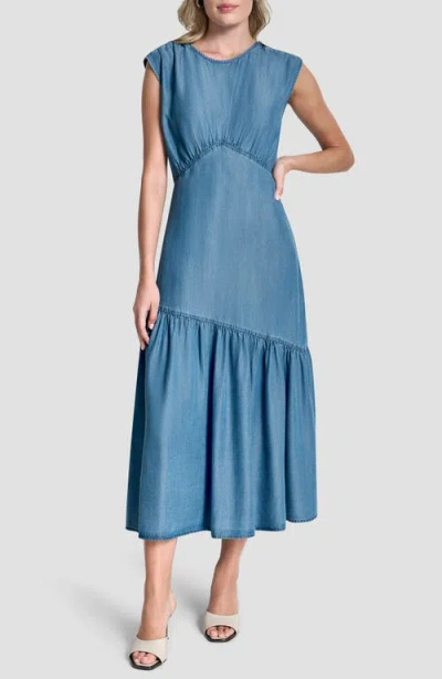 Dkny Shirred Chambray Midi Dress In Blue