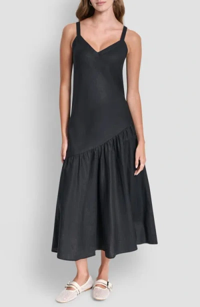 Dkny Shirred Linen Maxi Dress In Black