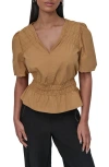 Dkny Shirred Puff Sleeve Peplum Top In Brown