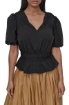 Dkny Shirred Puff Sleeve Peplum Top In Black