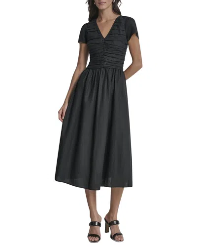 Dkny Shirring Cap Sleeve Linen-blend Dress In Black