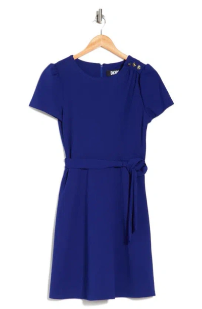 Dkny Short Sleeve Belted Fit & Flare Dress In Berry Blue