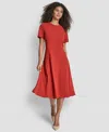 Dkny Short Sleeve Jewel Neck Suede Midi Dress In Red