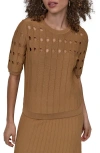 Dkny Short Sleeve Neck Cutout Sweater In Brown