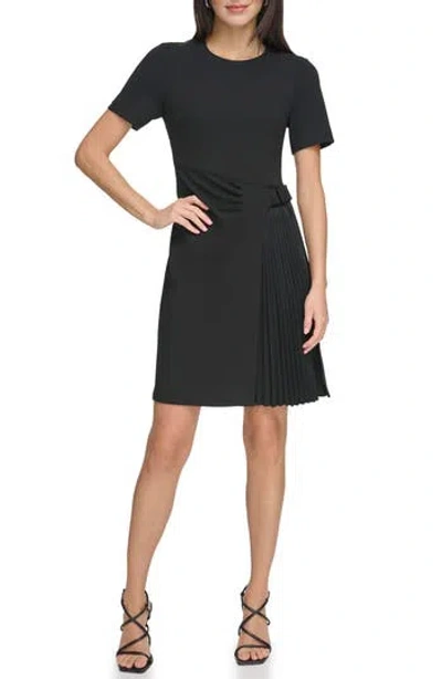 Dkny Short Sleeve Pleated Crepe A-line Dress In Black