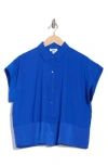 Dkny Short Sleeve Satin Button-up Shirt In Blue